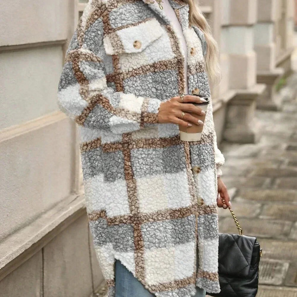 Multicolor Casual Women's Plaid Print Drop Shoulder Teddy Coat - Picture 6 of 7